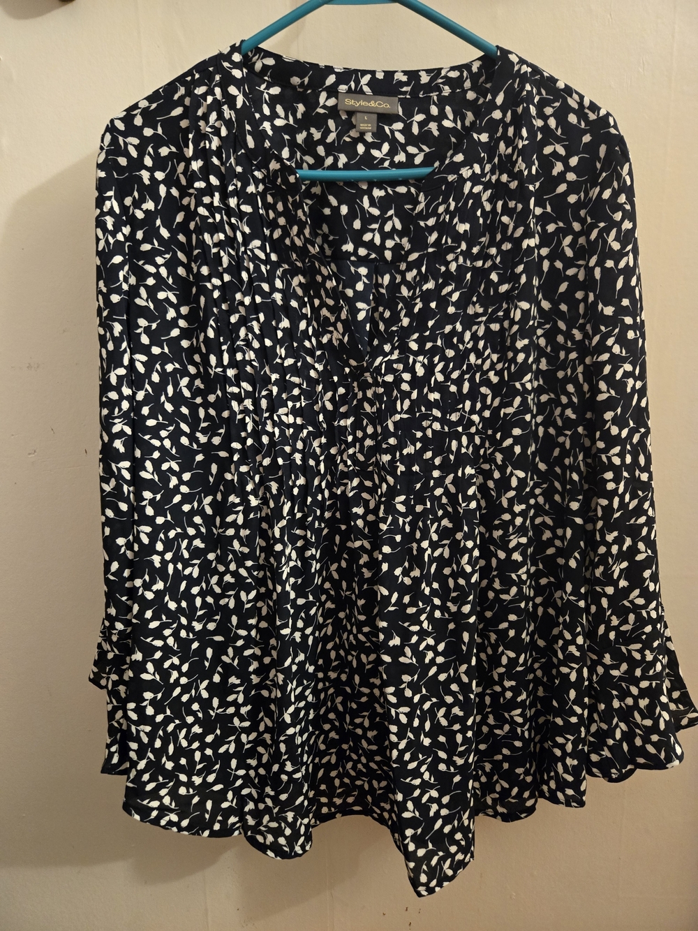Style & Co. Navy Blouse with White Leaf Pattern